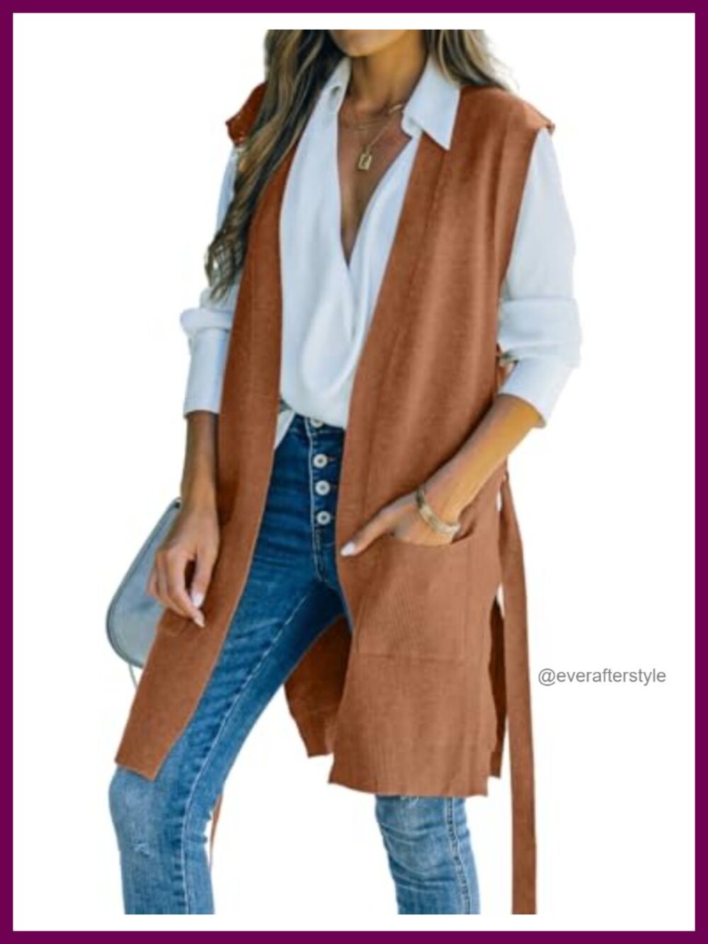 Long Open Front Sweater Vest with Belt Sleeveless Cardigan Knit